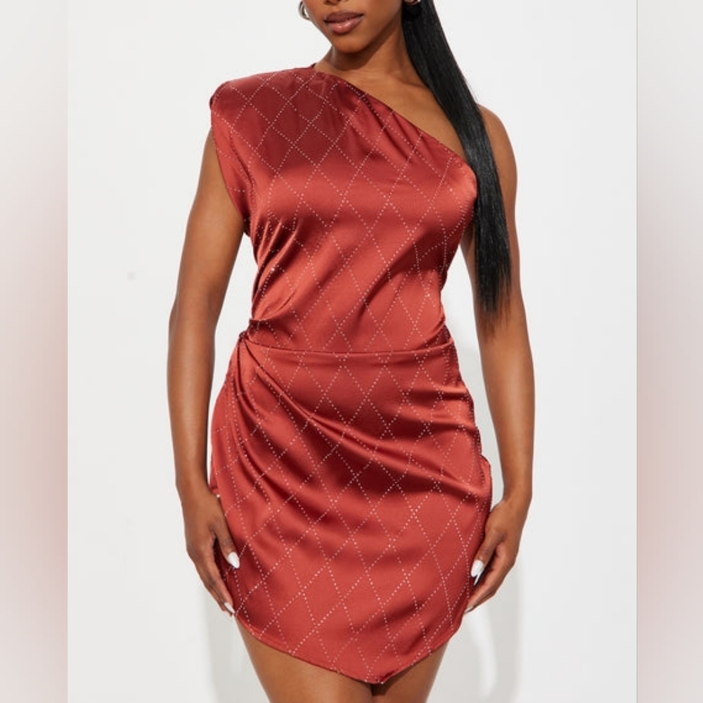 fashion Nova Lorena satin rhinestone mini dress NWT rust